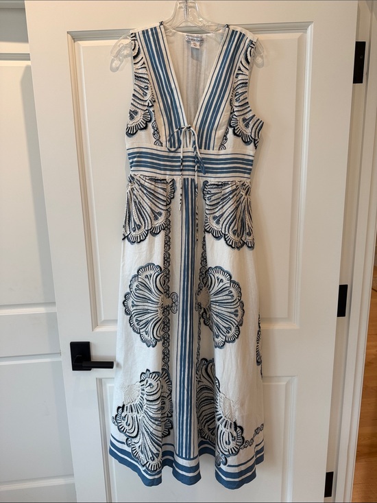 Christian Lacroix Dresses & Skirts - Christian Lacroix White Linen Maxi Dress with Blue Coastal Shell Motif